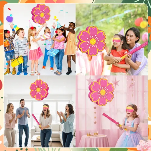 Vista 6 de Aoriher Juego de piñata de margarita con venda y piñata de flor rosa Rosa intenso