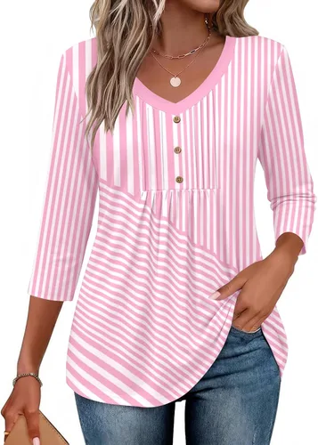 Vista 12 de Ekouaer Blusas de manga 3/4 para mujer, cuello en V, blusas plisadas casuales Boho Multicolor