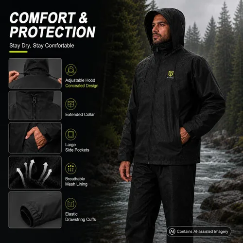 Vista 3 de TIDEWE Traje de lluvia para hombre, impermeable, ligero, de 2 piezas Costuras selladas, puños y cintura ajustables, tejido de alta densidad