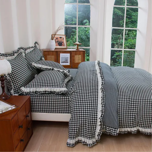 Vista 2 de FADFAY Twin 100% Washed Cotton Black & White Gingham Ruffle Duvet Cover Set Soft, Breathable, Crisp, Hidden Zipper Closure, 8 Corner Ties