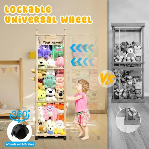 Vista 5 de Pmbqifay Organizador de animales de peluche, lindo animal de peluche de madera para almacenamiento de zoológico, jaula de juguetes de peluche