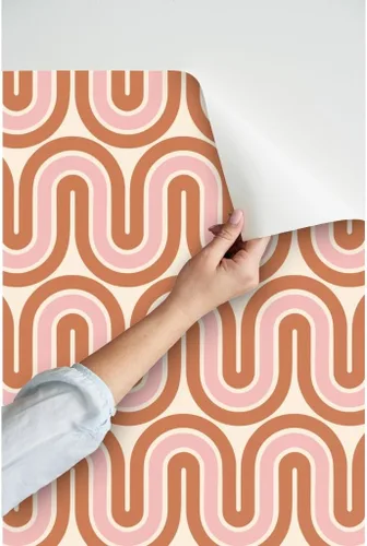 Vista 3 de Papel tapiz para despegar y pegar, diseño retro de mediados de siglo, líneas rosadas y marrones, decoración del hogar, olas, papel tapiz extraíble