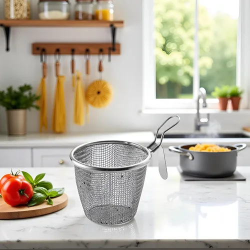 Vista 3 de 1 cesta de pasta de acero inoxidable, colador de fideos de bola de masa de araña de malla, colador de malla fina con asa, coladores de alimentos