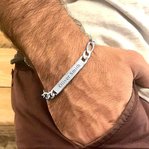 Vista 4 de LeCalla Personalized Customised Engraved Name Men's Figaro Chain ID Bracelet in 925 Sterling Silver Personalized Custom Birthday Christmas Fathers