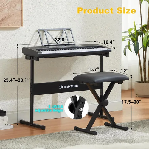 Vista 2 de Teclado de piano de 61 teclas, piano eléctrico con teclas iluminadas, 255 tonos/ritmos, sistema de aprendizaje inteligente, auriculares, micrófono