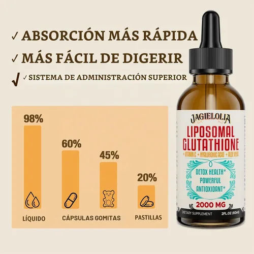 Vista 4 de Jagielolia Líquido de glutatión liposomal de 2000 MG, fabricado en los Estados Unidos, suplemento de glutatión reducido, absorción mejorada, sin