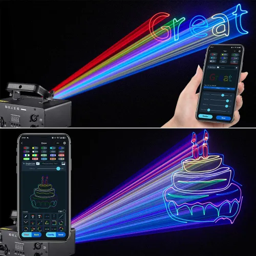 Vista 4 de Luz láser DJ con control por aplicación, proyector láser de animación 3D para fiestas, admite dibujos personalizados, reproducción de texto