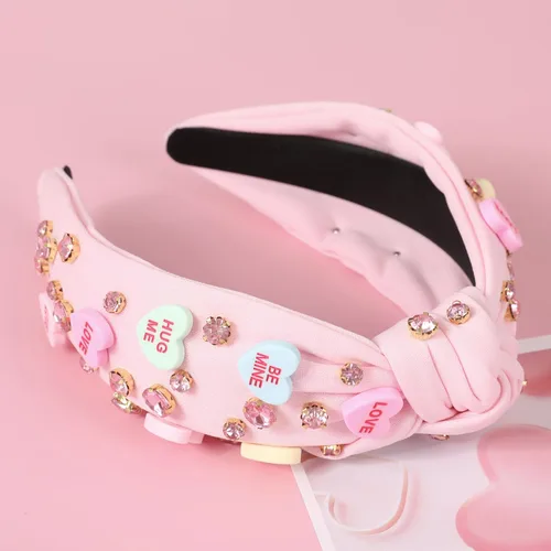 Vista 4 de Diademas de corazón de caramelo para el día de San Valentín para mujer, diadema de corazón de conversación de amor con diamantes de imitación