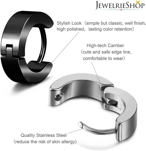 Vista 2 de JewelrieShop Juego de joyas para hombre, aretes colgantes con bisagras, acero inoxidable, hipoalergénicos, aretes de aro urbanos