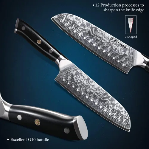 Vista 5 de TURWHO Cuchillo Santoku Profesional 7 pulgadas - Cuchillo de chef japonés clásico, patrón de damasco, acero VG-10