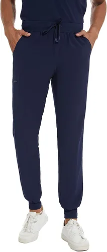 Vista 7 de COZYFIT Conjunto de ropa quirúrgica para hombre camiseta elástica con cuello en V y pantalón deportivo con 8 bolsillos, cintura de yoga, ropa
