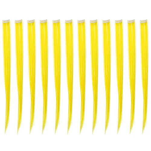 Vista 19 de SWACC 12 extensiones de cabello lacio de un color con clip, para mujer, extensiones de cabello sintético con rayas de color (rubio beige)