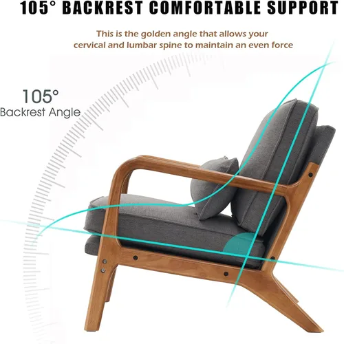 Vista 12 de Silla decorativa para sala de estar, sillón tapizado moderno de mediados de siglo con almohada, sillón de lectura, cómoda silla decorativa para Gris