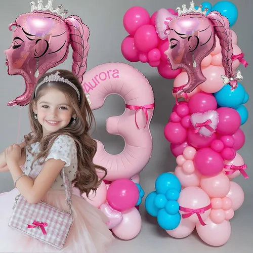 Vista 6 de 2 globos de papel de aluminio de princesa rosa, arco de cabeza de niña, globos de corona de muñeca para decoración de fiesta temática de princesa