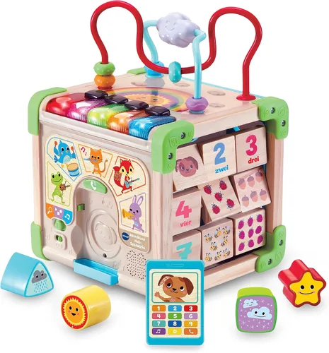 Vista 2 de VTech Cubo de juego interactivo de madera, cubo de juego interactivo con madera certificada FSC®, con varios elementos, canciones y música