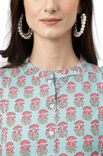 Vista 8 de Janasya Indian - Kurta recto de algodón azul aguamarina con estampado botánico para mujer