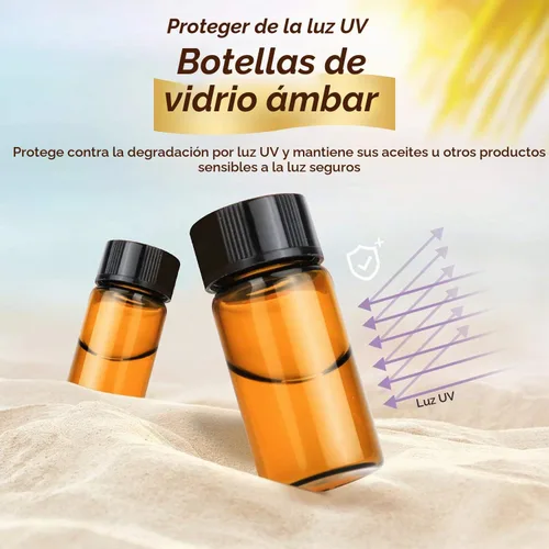 Vista 2 de Paquete de 50, botellas de vidrio ámbar de 5 ml (1/6 oz) para aceite esencial con tapas de rosca, frascos vacíos rellenables para muestras de viaje