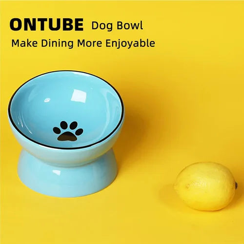 Vista 3 de ONTUBE - Cuenco elevado de cerámica para gatos, 10 onzas (azul) Ceramic, elevated, 5.3in, 10oz, pet bowl, easy-clean, non-slip, sturdy, ergonomic