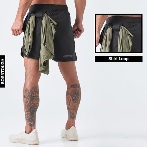 Vista 3 de Born Tough Pantalones cortos de entrenamiento 2 en 1 para hombre, pantalones cortos de gimnasio con entrepierna de 7 pulgadas, pantalones cortos