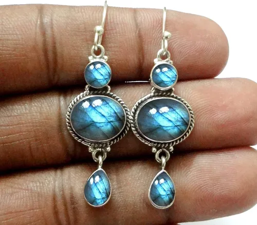 Vista 18 de Pendientes colgantes de plata esterlina fina para mujeres y niñas, aretes colgantes de piedras preciosas auténticas, aretes colgantes de gota