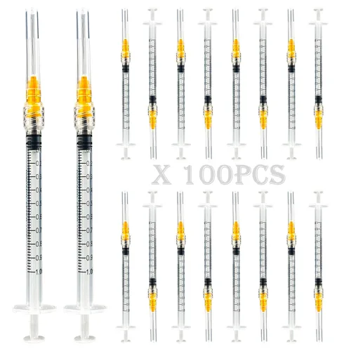 Vista 8 de Paquete de 100 jeringas Luer Lock de 1 ml con agujas de 23Ga (1 pulgada), jeringas y agujas desechables de plástico en embalaje individual