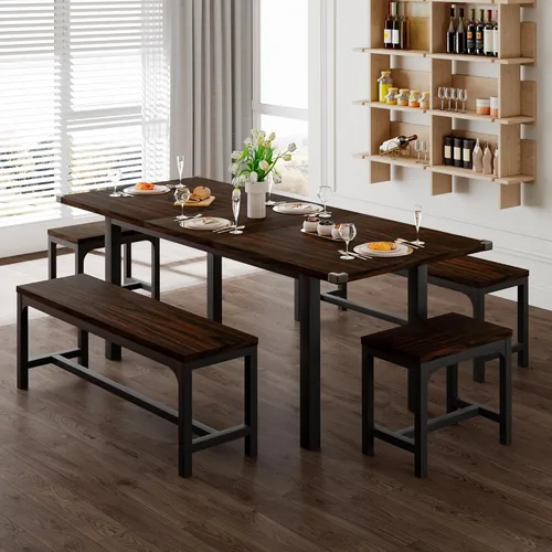 Vista 15 de Feonase Juego de mesa de comedor de 5 piezas para 4-8 personas, juego de mesa de cocina grande extensible de 63 pulgadas con 2 bancos y 2 taburetes