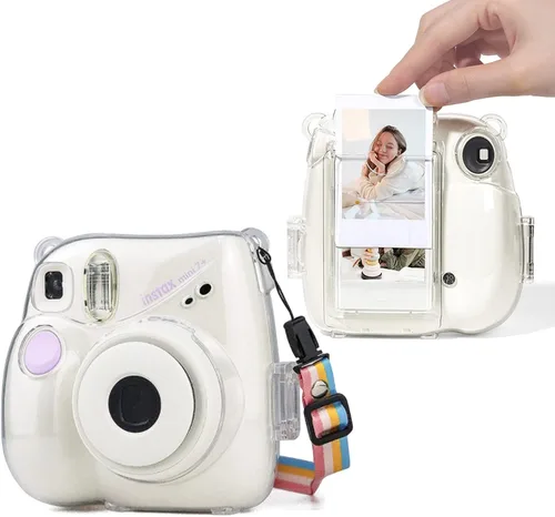 Vista 8 de Funda transparente para cámara instantánea Fujifilm Instax Mini 7+ 7 Plus, funda de cristal para cámara con correa de hombro extraíble Solo funda