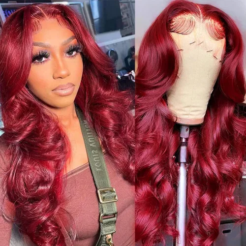 Vista 8 de MUPRETTY Pelucas de cabello humano con encaje frontal color burdeos, densidad del 180 %, peluca de encaje frontal de 13 x 4 pulgadas, con cabello