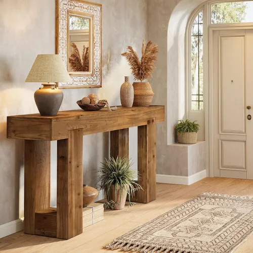 Vista 6 de Mesa consola de madera maciza, mesa de sofá de granja de 55 pulgadas detrás del sofá, consola rectangular con doble base para entrada, pasillo, sala