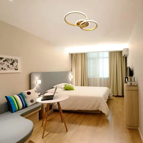 Vista 5 de Lámpara de techo LED moderna, lámpara de techo de montaje empotrado de 40 W con círculo de dos anillos, lámparas acrílicas doradas para sala