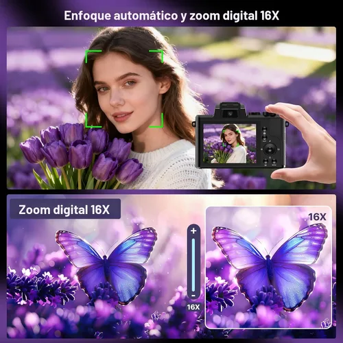 Vista 5 de Cámaras digitales 8K para fotografía con WiFi, cámara de vlogging de 88MP con enfoque automático para YouTube con lente dual, cámara de apuntar