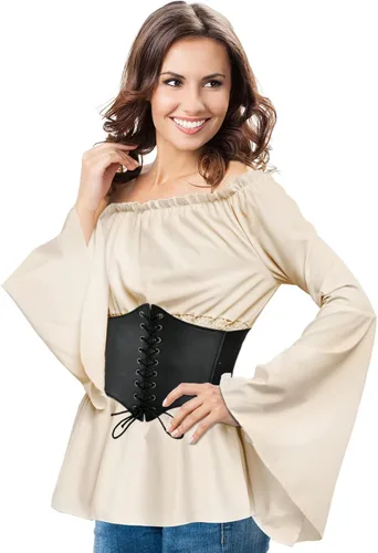 Vista 3 de Blusa renacentista para mujer, con cinturón de cintura, medieval, victoriano, hombros descubiertos, camisa de manga larga, disfraz de pirata, cosplay