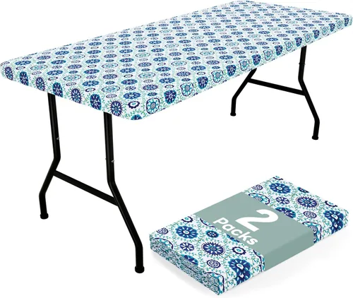 Vista 52 de misaya Mantel rectangular de vinilo, mantel ajustable, 100% impermeable, borde elástico, reverso de franela, mantel de plástico para mesas plegables