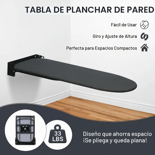 Vista 2 de Tabla de planchar para montar en la pared, compacta que ahorra espacio, tabla de hierro plegable para cuarto de lavado, 36 x 12 pulgadas, color negro
