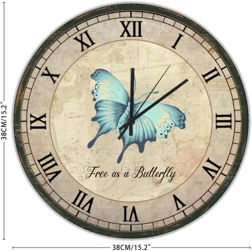 Vista 2 de Free As A Butterfly - Reloj de pared de madera con pósteres de mariposa, relojes de pared redondos de madera, funciona con pilas, silencioso de 15