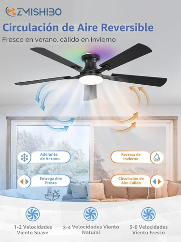 Vista 5 de ZMISHIBO Ventilador de techo inteligente de 52 pulgadas con luz RGB, Alexa/App/Control remoto Negro