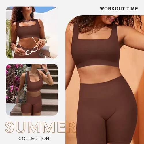 Vista 3 de Conjuntos de entrenamiento para mujer, 2 piezas, sin costuras, brasier deportivo acanalado, pantalones cortos de cintura alta, tallas regulares