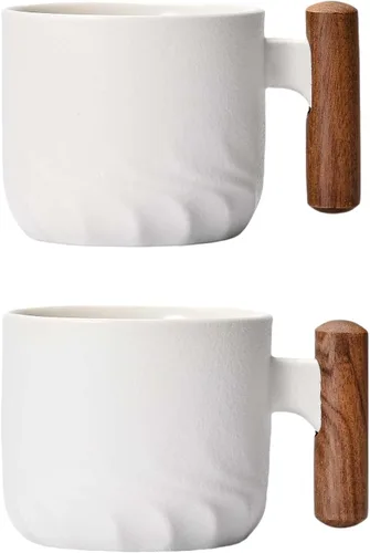 Vista 8 de Zurucily Juego de 2 tazas de espresso de 2 onzas, tazas de espresso de cerámica con asa de madera, tazas de té pequeñas Negro