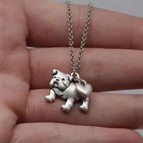Vista 5 de English Bulldog Charm Necklace Bull Dog Pet Lover Gift Silver Metal with Heart Pendant on a Chain Ladies I Love Dawgs Short Hair