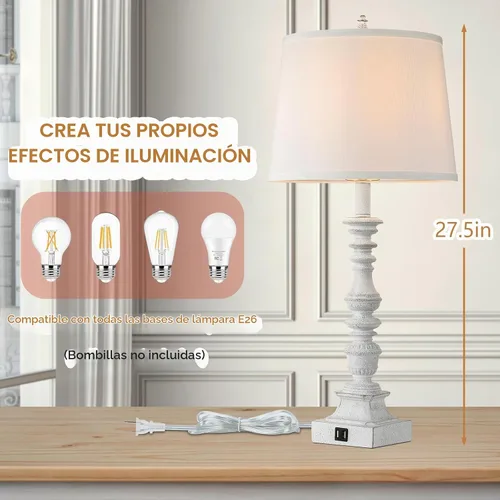 Vista 3 de Juego de 2 lámparas de mesa de granja de 27.5 pulgadas, lámparas rústicas de dormitorio para mesita de noche con carga USB doble, lámparas