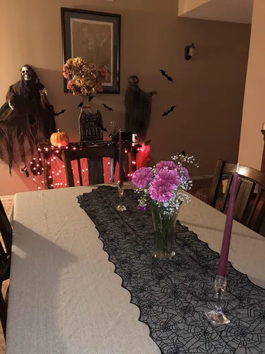 Vista 5 de Camino de mesa de Halloween, tela de araña de encaje negro, para decoración de Halloween, fiesta, decoración de mesa de comedor, 18 x 72 pulgadas