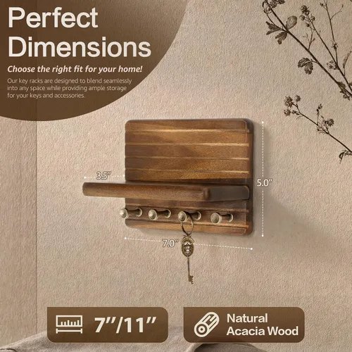 Vista 2 de Rebee Vision Soporte de pared de madera de acacia para decoración del hogar, mini llavero de 7 pulgadas para pared con 4 ganchos resistentes