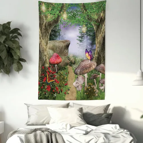 Vista 7 de Ambesonne Tapiz de hongos, camino de la naturaleza encantada, mariposas, paisaje, rocas, decoración para colgar en la pared para dormitorio, sala