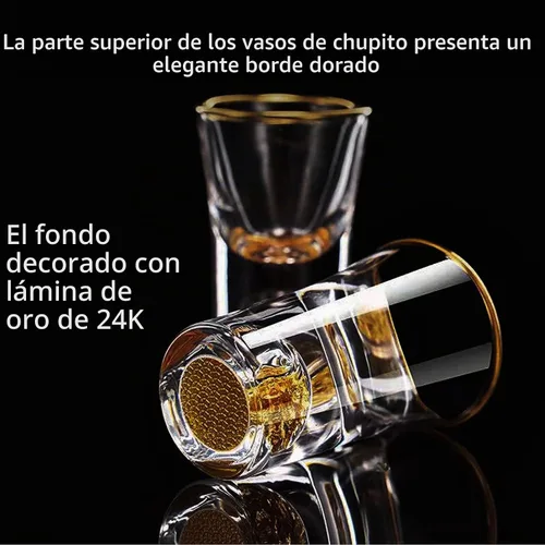 Vista 5 de Paquete de 6 vasos de chupito de 0.3 fl oz (0.33 onzas), juego de vasos de chupito de cristal decorado con copos de oro de 24 quilates, vasos