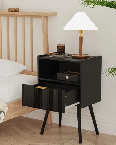 Vista 6 de Veegle Mesita de noche, moderna mesita de noche con cajón de almacenamiento y estante de madera abierta, mesita de noche decorativa con patas