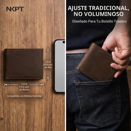 Vista 4 de Billetera plegable de cuero RFID premium para hombre Cuero de grano completo, protección RFID, Marrón (Chestnut Brown), Talla única, Minimalista