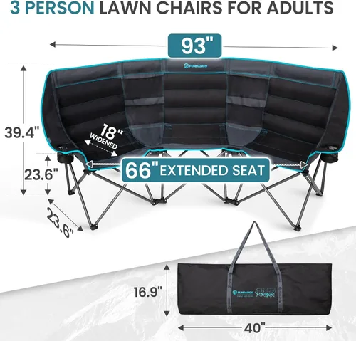 Vista 3 de FUNDANGO Silla de Camping Extra Ancha para 3 Personas para Adultos con Hielera, Sofá de Campamento de Servicio Pesado de 1000 LBS de Tamaño Grande