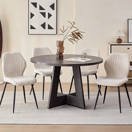 Vista 3 de Juego de mesa redonda de comedor de 47 pulgadas para 4, base en abanico, parte superior de 1.38 pulgadas de grosor, mesa de cocina de madera con 4