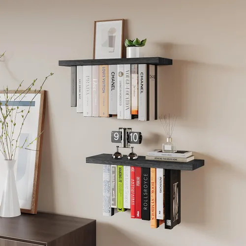 Vista 2 de Estantería flotante para pared, estantería colgante de madera rústica, estante de libros boca abajo y estantes montados en la pared para decoración
