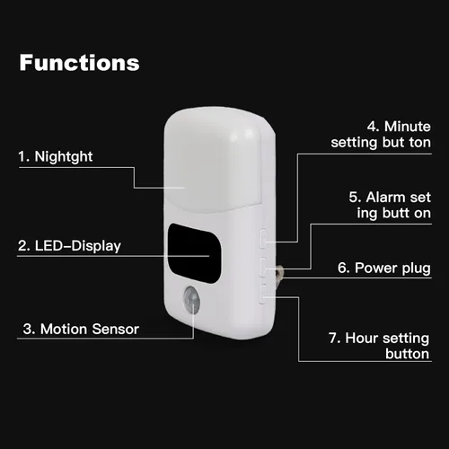 Vista 7 de LUXON Luz nocturna LED con sensor de movimiento con reloj despertador digital, reloj de baño enchufable a la pared 4000 K blanco cálido, sensor